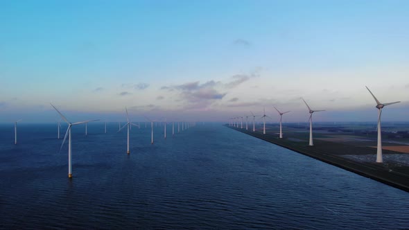 Windmill Park in the Ocean Drone Aerial View of Windmill Turbines Generating Green Energy Electric