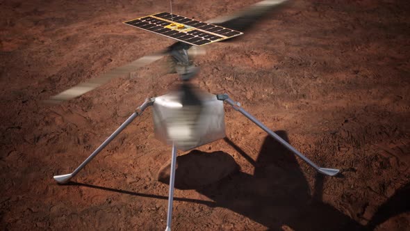 Drone on the ground of Mars examining rocks
