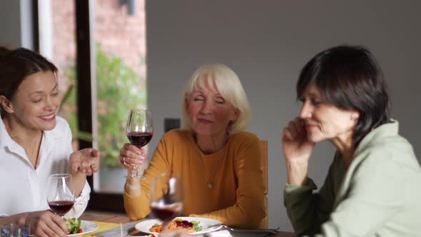 Cheerful mature women talking and drinking wine