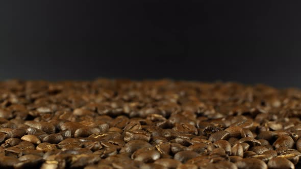 Rotation close-up of coffee beans 360. Golden selected aromatic beans rotate