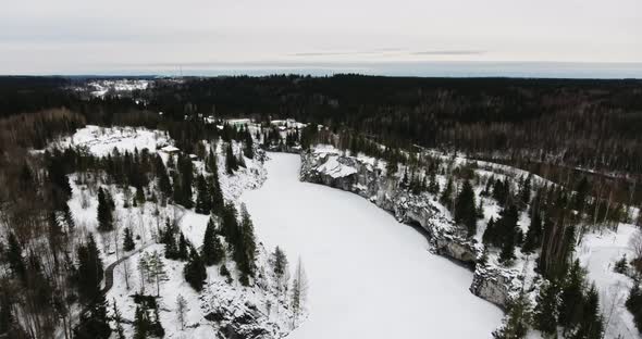 Marble Lake in Ruskeala Park in Winter  Aerial Shot