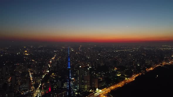 Sunset downtown Sao Paulo Brazil. Downtown district at sunset scenery.