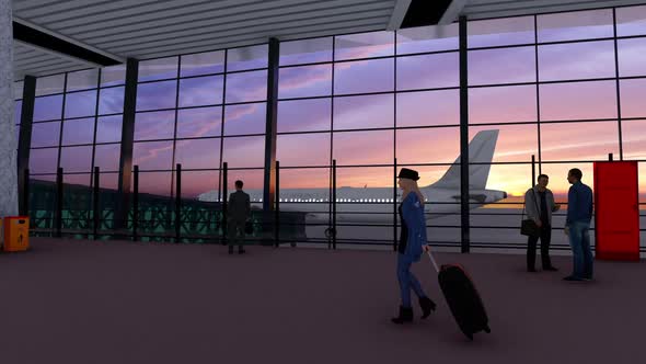 Young Woman With Luggage Walking Near Big Windows In Airport Terminal Hall