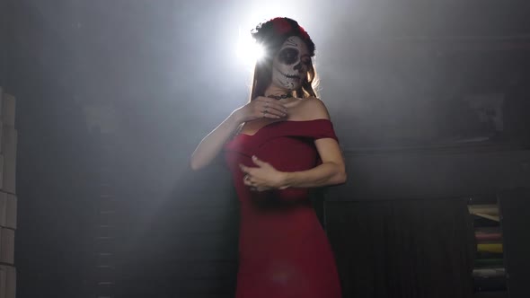 Portrait of a Mysterious Woman in a Long Red Dress with Halloween Makeup in Smoke Against a