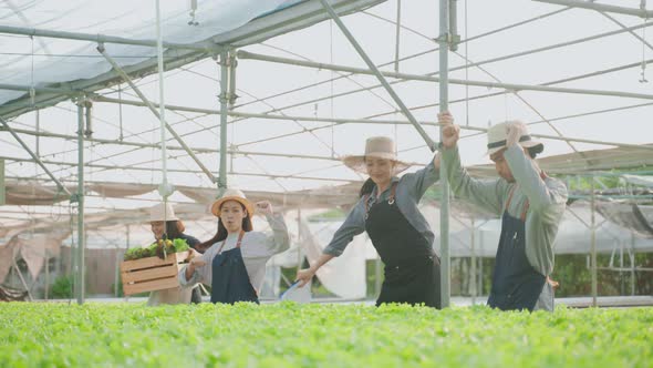 Group of Asian young farmer worker dance in vegetables hydroponic farm.