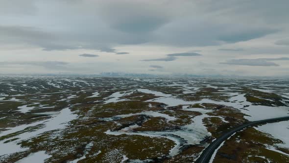 Aerial Video of an Empty Lava Fields and Huge Volcanic Mountain in Iceland