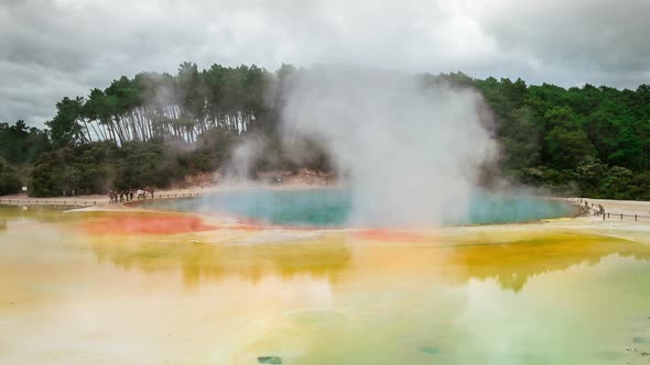 Time Lapse Thermal Lake, Champagne Pool at Wai-O-Tapu near Rotorua, New Zealand