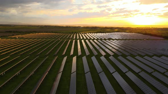 Aerial View of Big Sustainable Electric Power Plant with Rows of Solar Photovoltaic Panels for