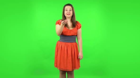 Cute Girl Waving Hand and Showing Gesture Come Here. Green Screen