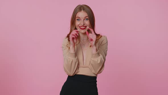 Businesswoman in Blouse Showing Need a Little Bit Gesture with Sceptic Smile Showing Minimum Sign
