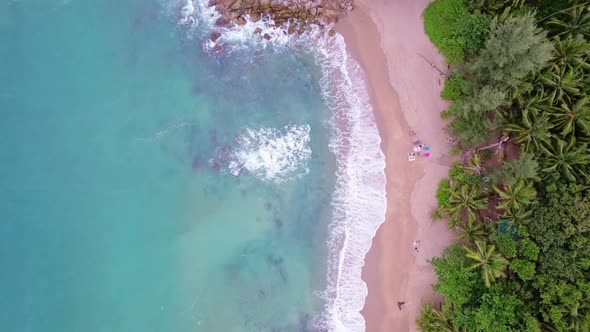 Top view aerial footage from flying drone of amazing beautiful sea beach landscape