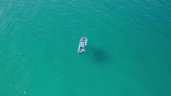 Drone view of a fishing boat on Cam Ranh beach,  Khanh Hoa province, central vietnam