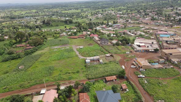 Farms on rural suburbs of Loitokitok town in Southern Kenya, aerial panorama