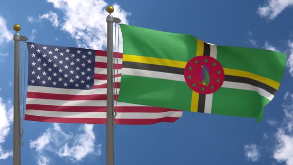 Usa Flag Vs Dominica Flag On Flagpole
