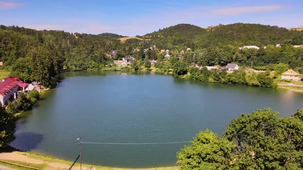 Aerial view of the lake in the village of Stiavnicke Bane in Slovakia