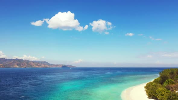 Aerial drone view abstract of relaxing resort beach break by blue lagoon and bright sandy background