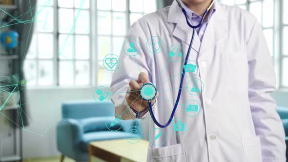 Stethoscope In Hand Touching Icon Medical Network Connection With Modern Virtual Screen Interface