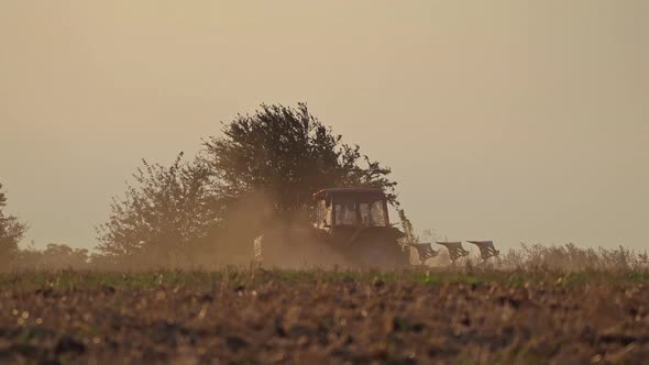 Tractor working on the field in the evening.