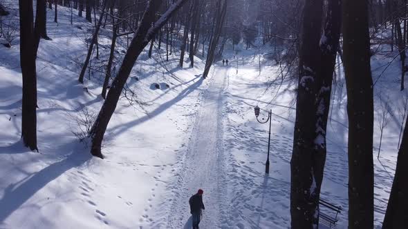 Aerial view of a drone flying over the winter park.