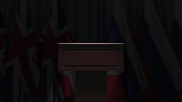 Flags of Russia and the United Kingdom and Tribune alt