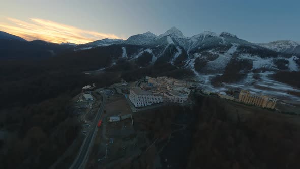 Aerial View Picturesque Mountain Resort Roof Early Morning Scenery Snowy Tops