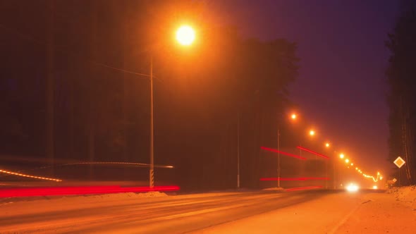 View on Night Highway at Winter, Time Lapse