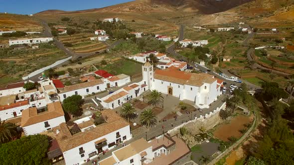 Aerial view of Santa Maria Church in a small town in Fuerteventura.