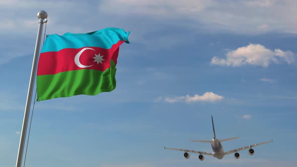 Commercial Airplane Flying Over National Flag of Azerbaijan