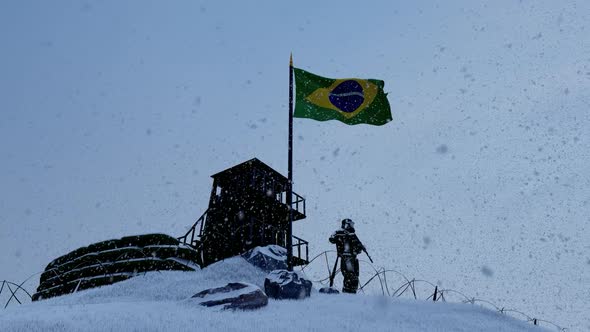 Brazilian Soldier Watching the Border at Snowy Weather