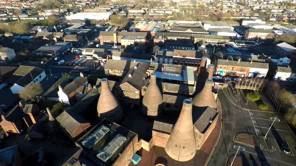 Aerial view of the famous bottle kilns of Gladstone Pottery Museum, formerly used in manufacturing i