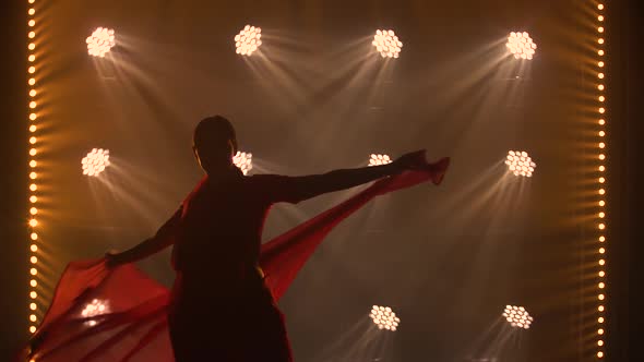 Silhouette a Young Girl Dancer in a Red Sari. Indian Folk Dance. Shot in a Dark Studio with Smoke