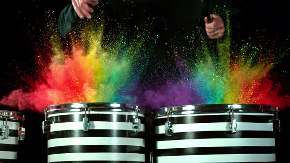 Super Slow Motion Shot of Drum Hit with Color Powder Explosion at 1000 Fps