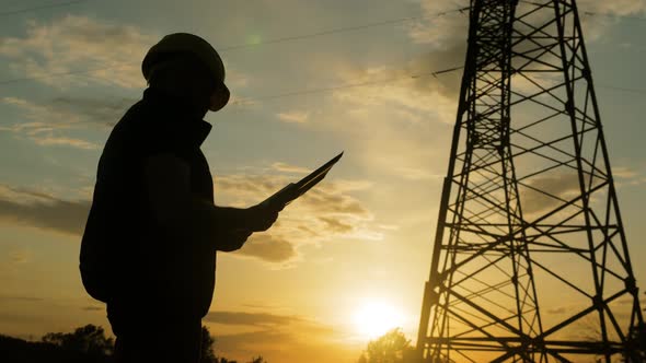 Silhouette of Engineer Standing on Field with Electricity Towers. Electrical Engineer with High