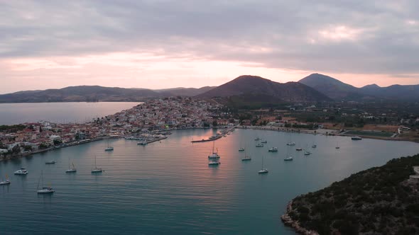 Aerial View of Ermioni Town at Sunset Greece