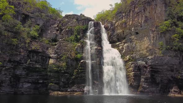 waterfall drone flight clip - Chapada dos Veadeiros, world natural heritage, Brazil.
