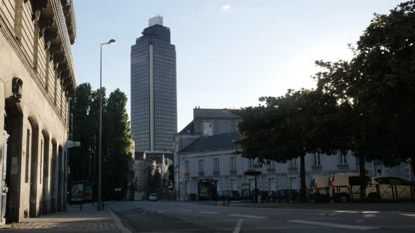 NANTES, FRANCE - JULY 2016 Famous Brittany tower or  Tour Bretagne and city traffic  in French Pays 