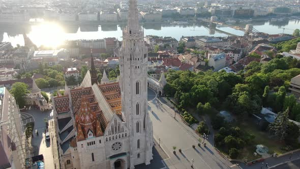 Aerial orbit shot of Matthias Church and Fisherman's Bastion, Budapest, Hungary