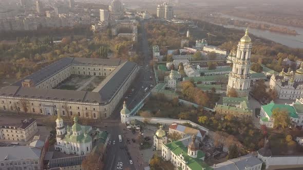 Aerial Kyiv Pechersk Lavra churches and monastery on hills of Dnipro river Ukraine