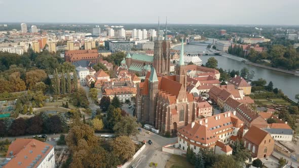 Aerial View of Cathedral Island in Wroclaw, Poland