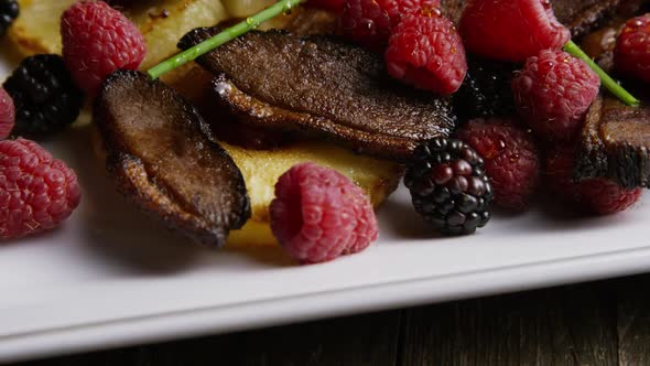 Rotating - Smoked Duck Bacon with Grilled Pineapple, Raspberries, Blackberries and Honey