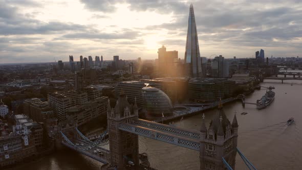 Aerial View to the Beautiful Tower Bridge and the Skyline of London