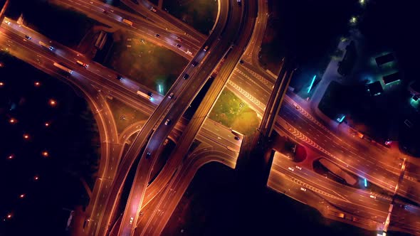 Freeway Intersection Traffic Trails in Night Moscow