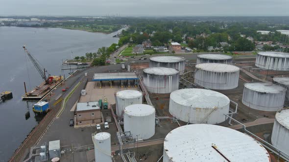 Aerial view close up Industrial view at oil refinery plant form industry zone with oil tank