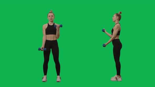 Young Woman in Sportswear Does Exercises with Dumbbells