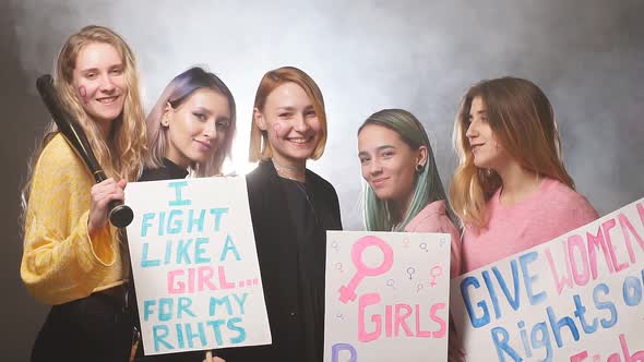 Young Caucasian Girls Fight Together for Their Rights, Feminism