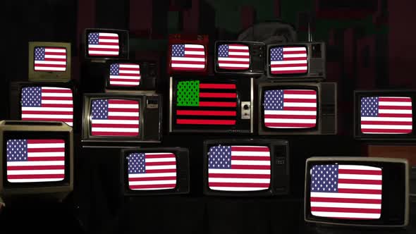 African American Flag and Many US Flags on Retro TVs.