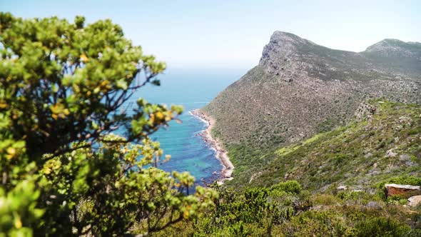 Ocean Vista From Peak Of Cape Point In Cape Peninsula, South Africa. high angle, sliding reveal