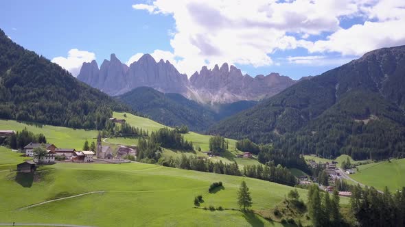 Aerial travel drone view of South Tyrol, Italy and the Dolomites mountains.