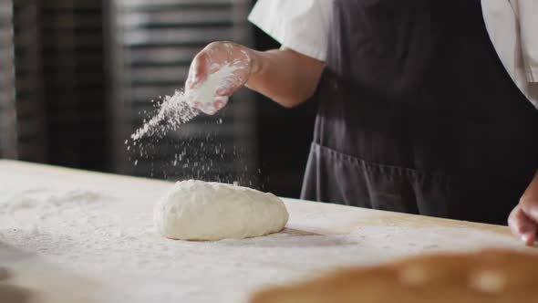 Animation of hand of asian female baker preparing sourdough for bread