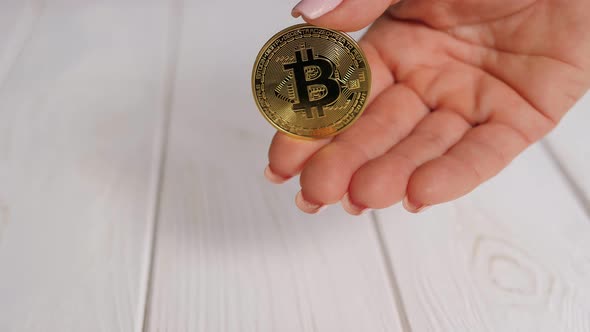 Woman Trader Investor Hold Gold Bitcoin on a Light Background